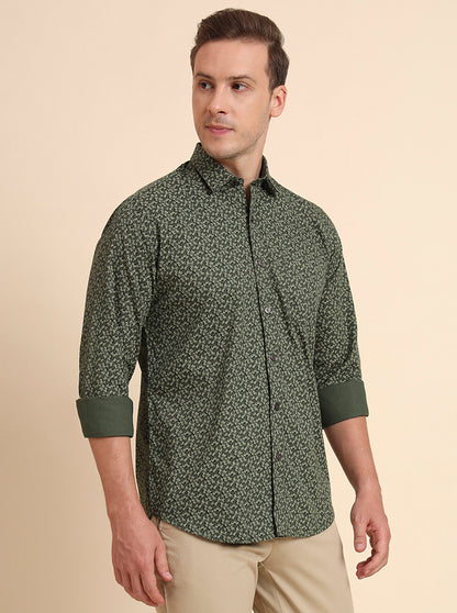 Dark Green Printed Tailored Fit Semi Casual Shirt | JadeBlue