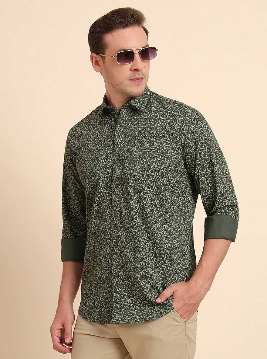 Dark Green Printed Tailored Fit Semi Casual Shirt | JadeBlue