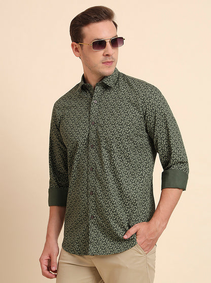 Dark Green Printed Tailored Fit Semi Casual Shirt | JadeBlue