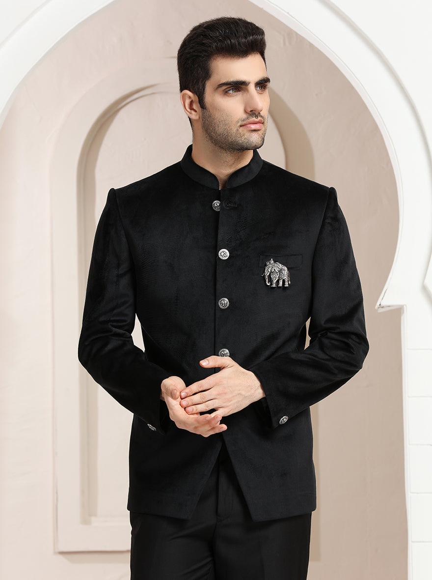 Black Self Textured Jodhpuri Suit | JadeBlue