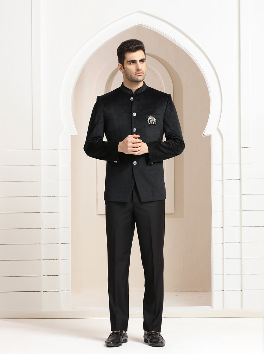 Black Self Textured Jodhpuri Suit | JadeBlue