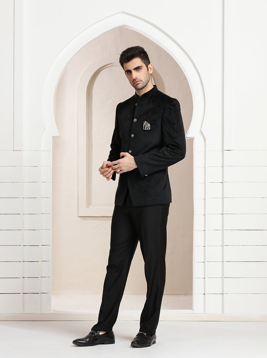 Black Self Textured Jodhpuri Suit | JadeBlue