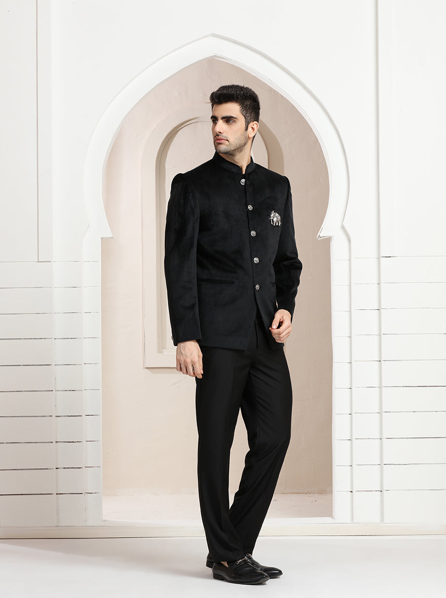 Black Self Textured Jodhpuri Suit | JadeBlue