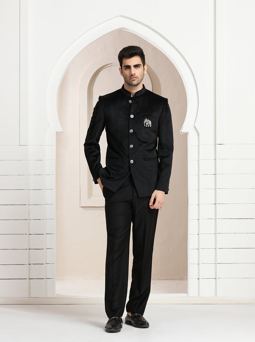 Black Self Textured Jodhpuri Suit | JadeBlue