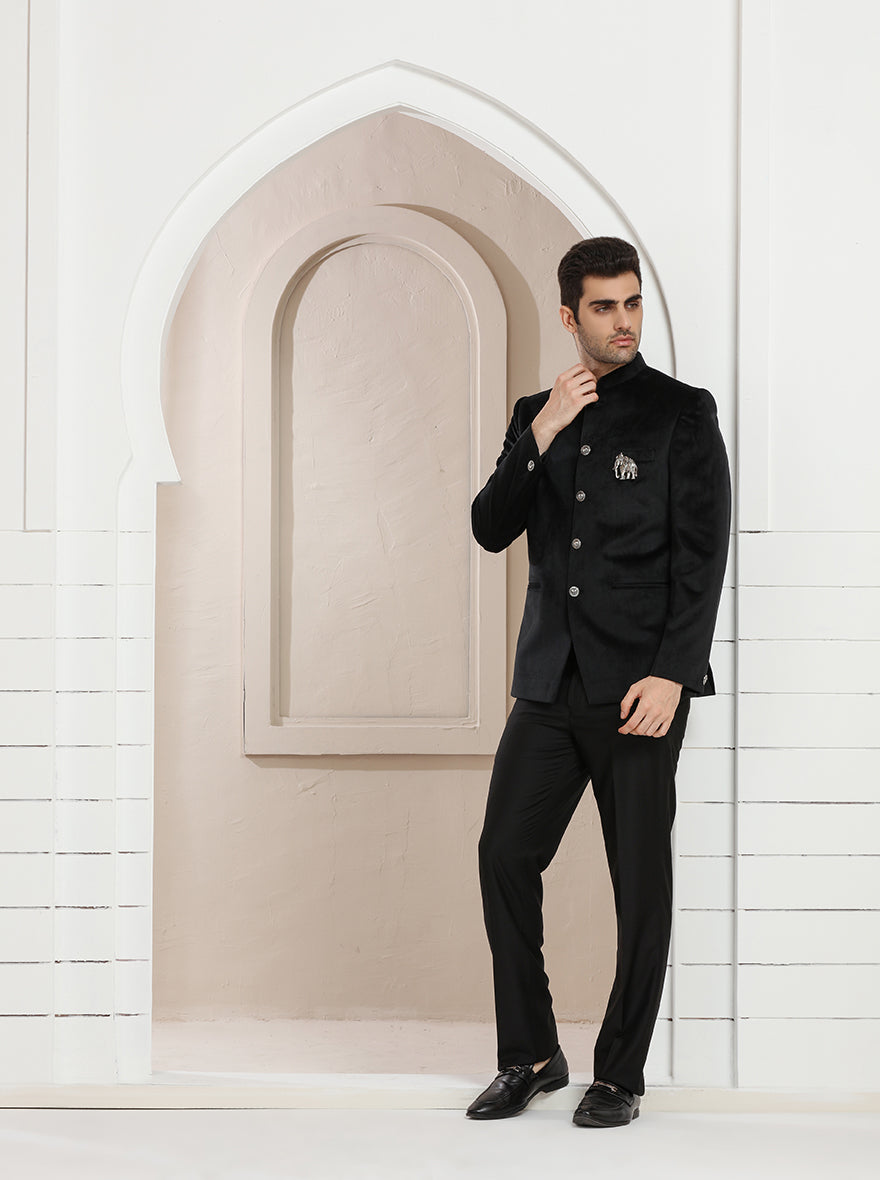 Black Self Textured Jodhpuri Suit | JadeBlue