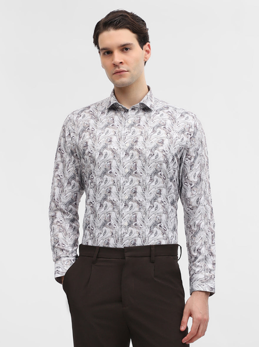 White & Grey Printed Slim Fit Party Wear Shirt | Greenfibre