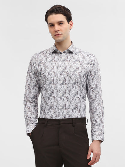 White & Grey Printed Slim Fit Party Wear Shirt | Greenfibre