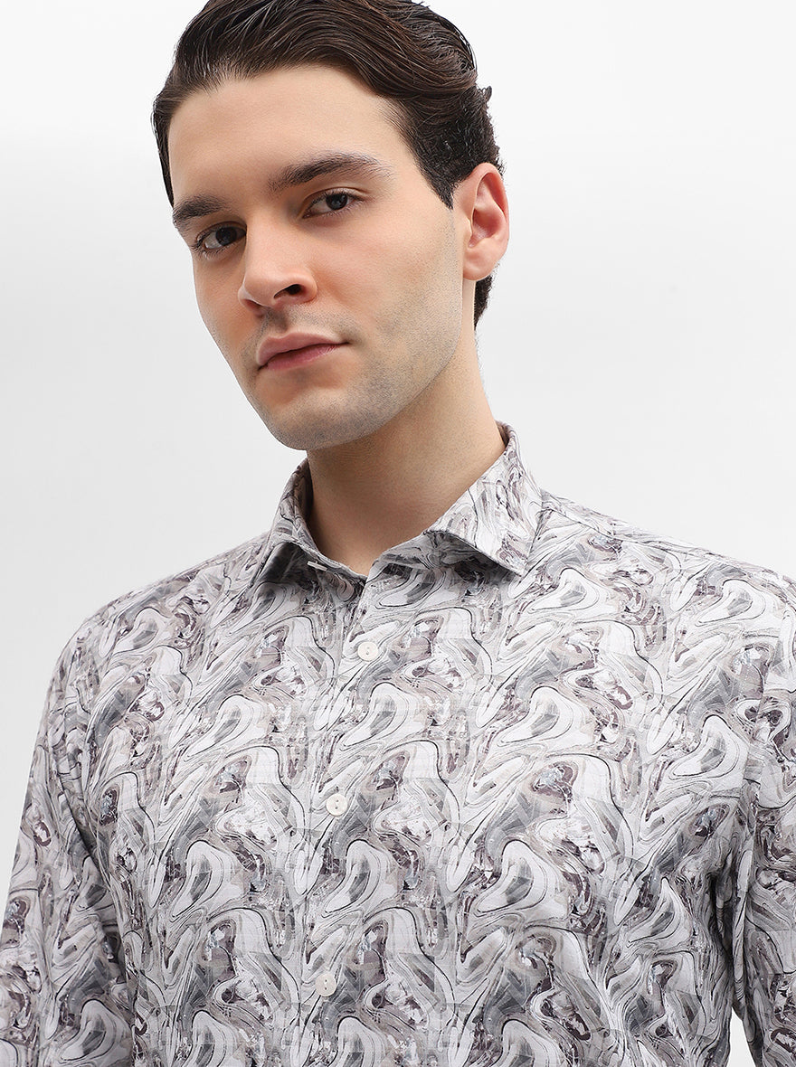 White & Grey Printed Slim Fit Party Wear Shirt | Greenfibre
