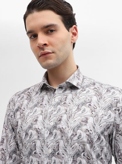 White & Grey Printed Slim Fit Party Wear Shirt | Greenfibre