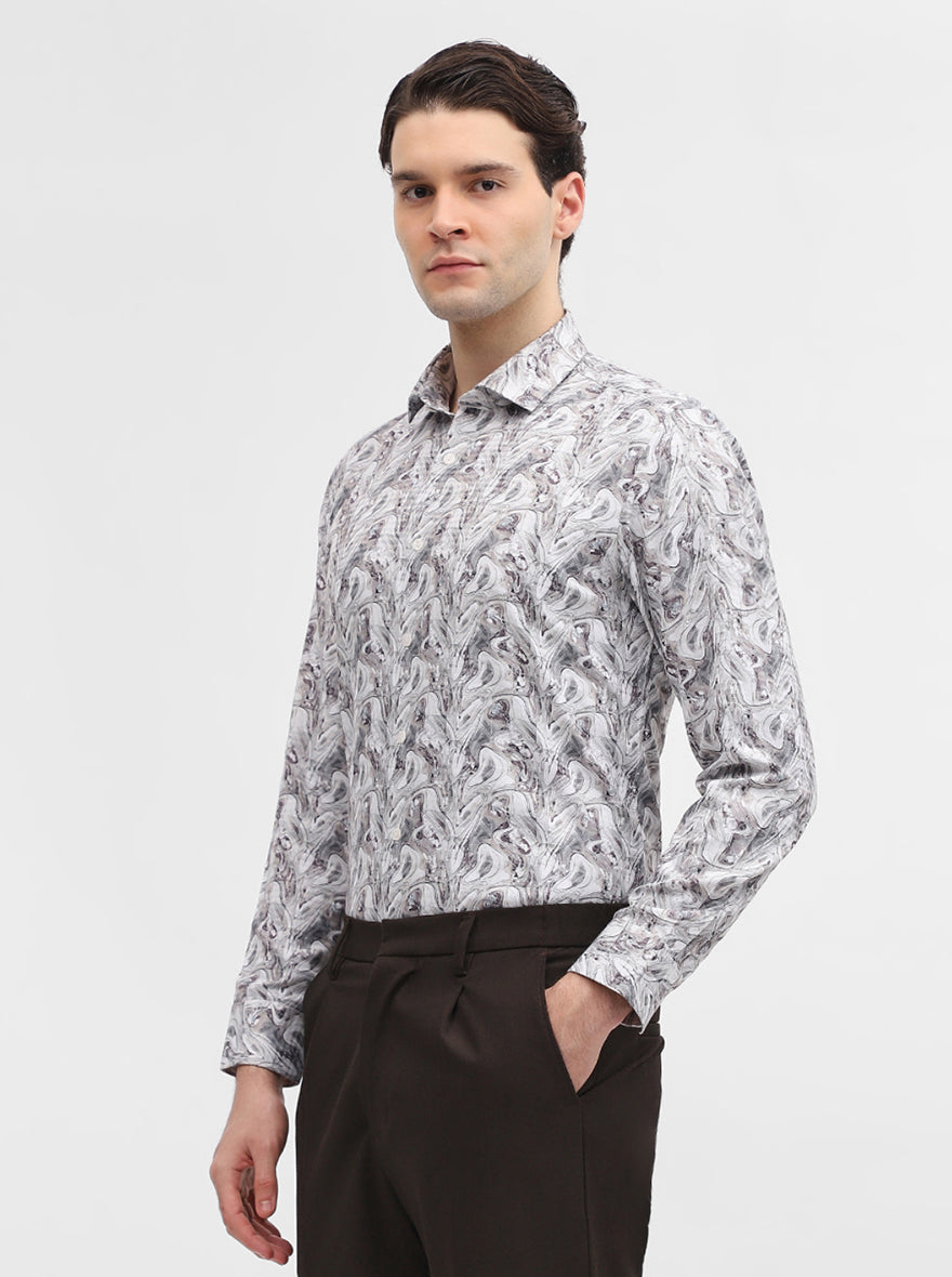 White & Grey Printed Slim Fit Party Wear Shirt | Greenfibre