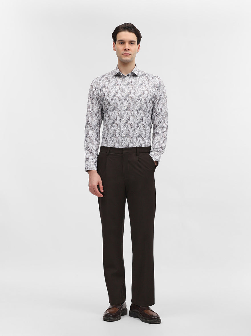 White & Grey Printed Slim Fit Party Wear Shirt | Greenfibre
