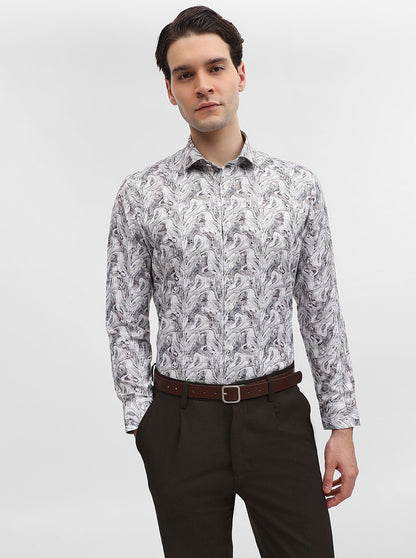 White & Grey Printed Slim Fit Party Wear Shirt | Greenfibre