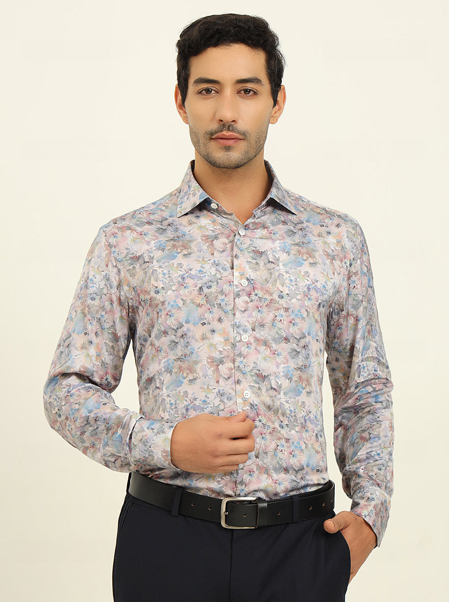 Light Blue Digital Printed Slim Fit Party Wear Shirt | JadeBlue Super Luxe