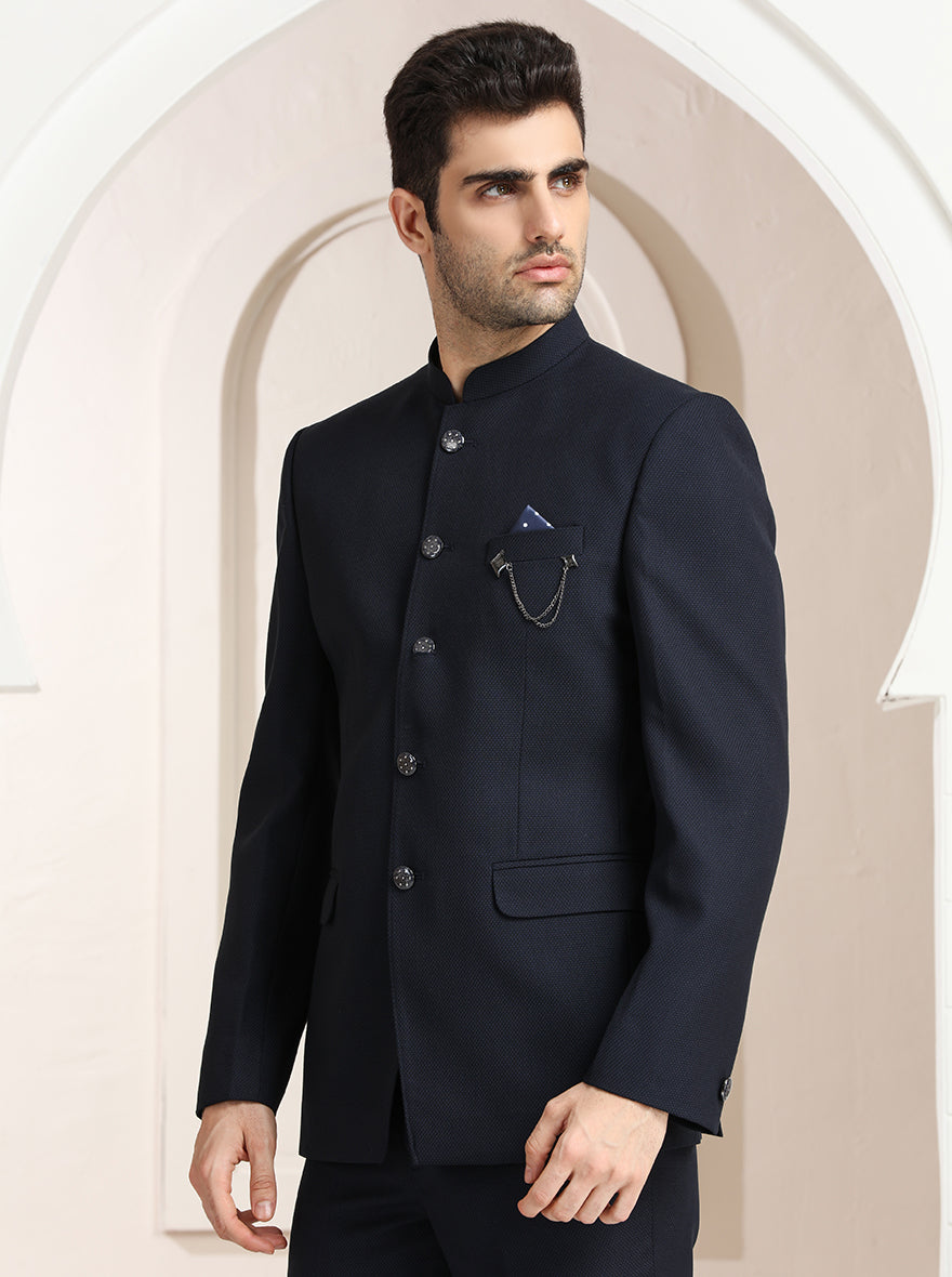 Blue Self Textured Jodhpuri Suit | JadeBlue