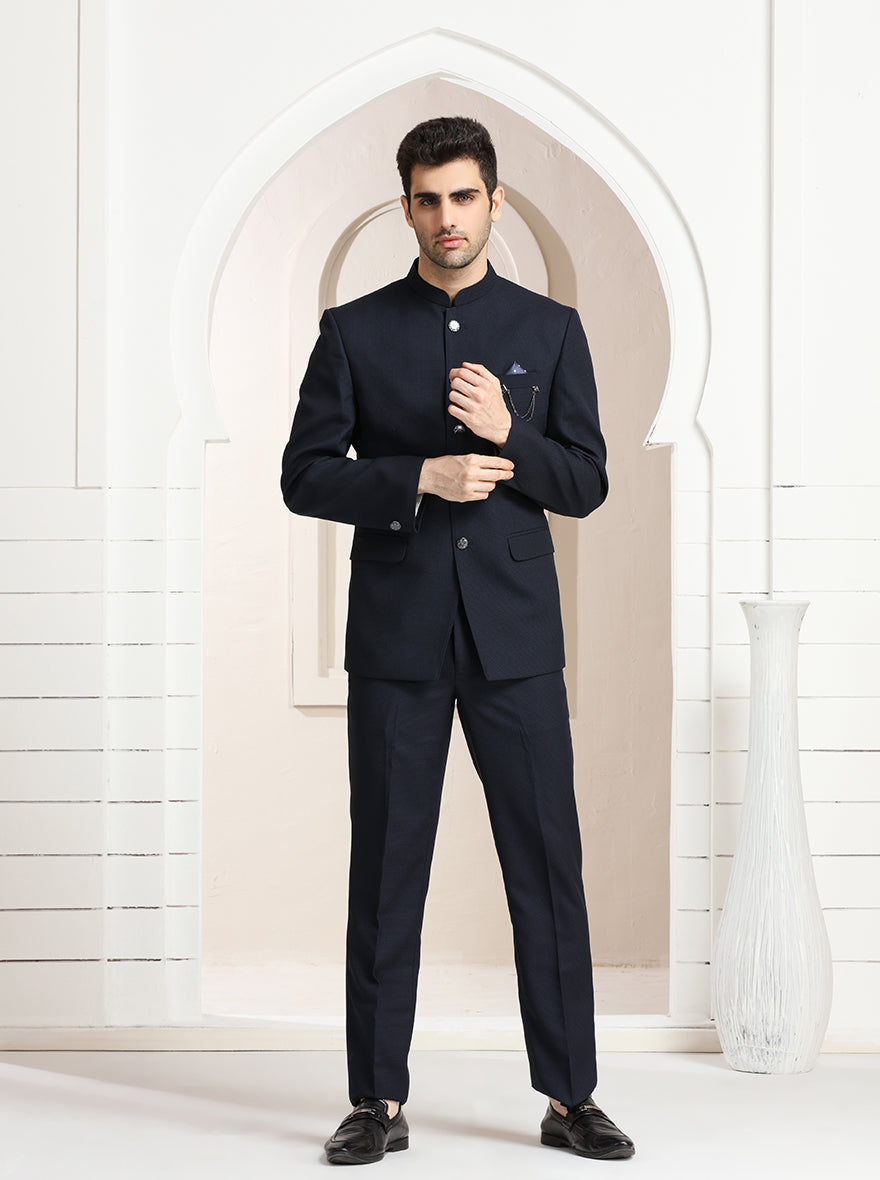 Blue Self Textured Jodhpuri Suit | JadeBlue