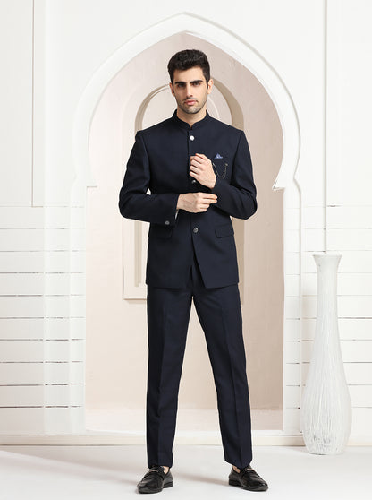Blue Self Textured Jodhpuri Suit | JadeBlue