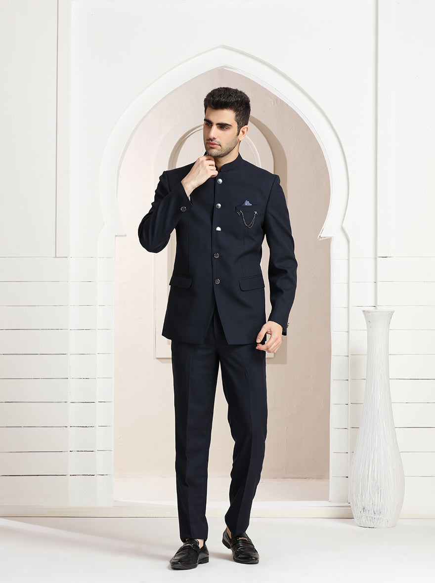Blue Self Textured Jodhpuri Suit | JadeBlue