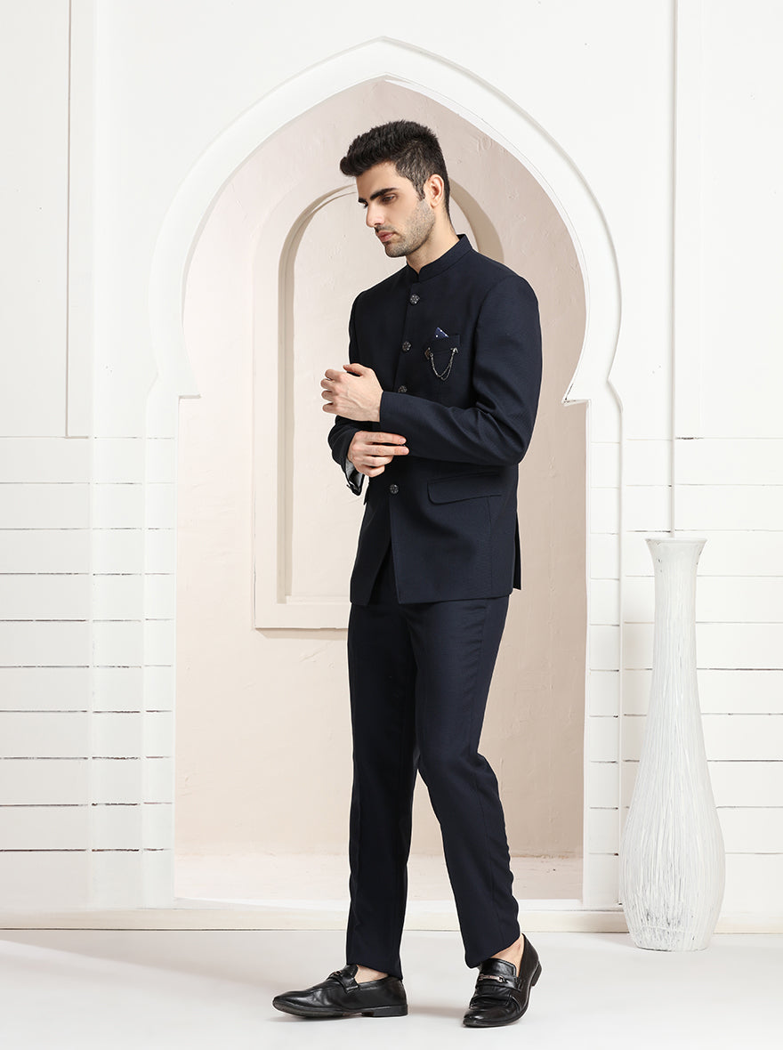 Blue Self Textured Jodhpuri Suit | JadeBlue
