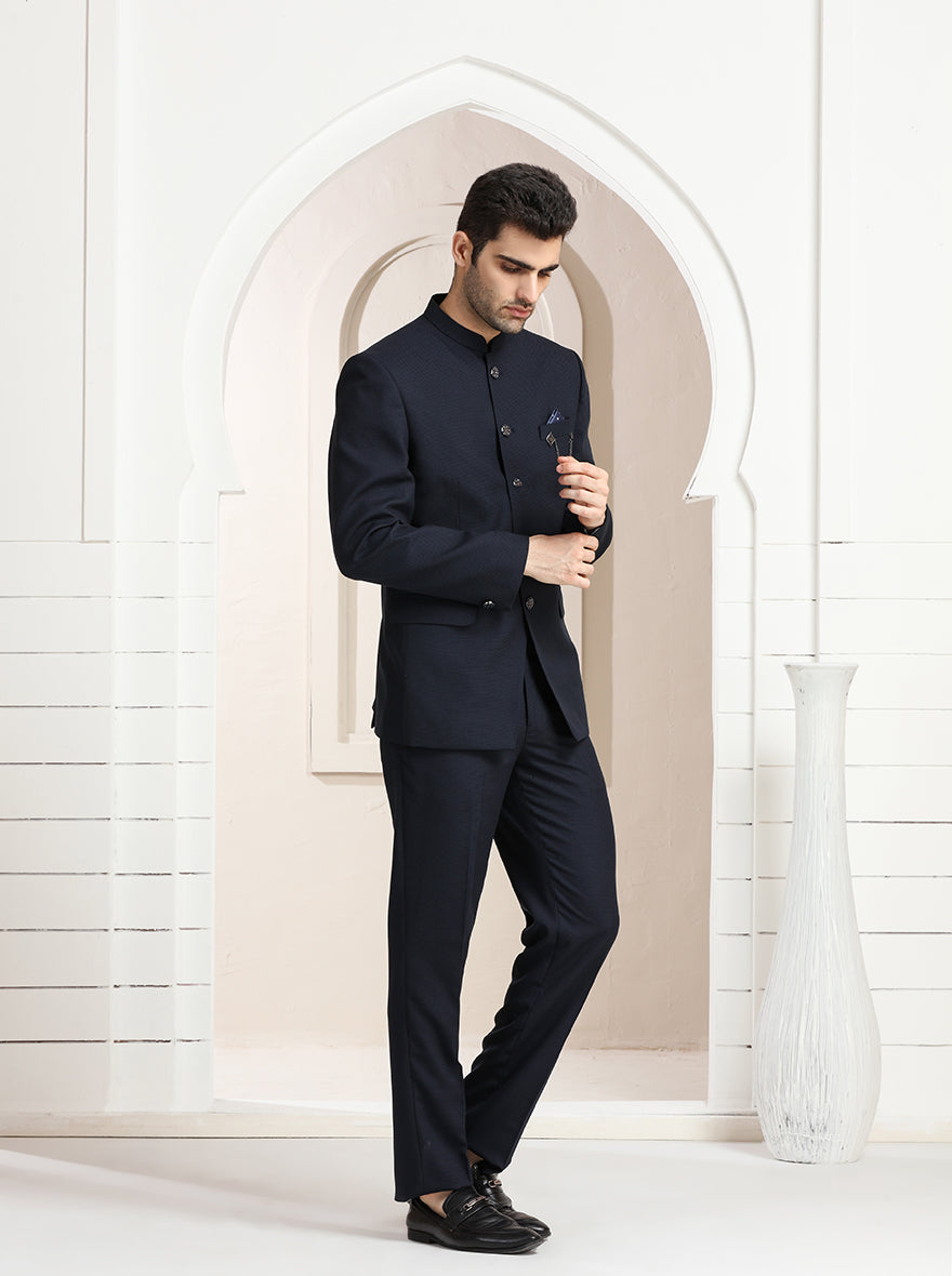 Blue Self Textured Jodhpuri Suit | JadeBlue