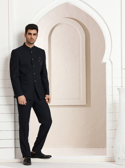 Blue Self Textured Jodhpuri Suit | JadeBlue