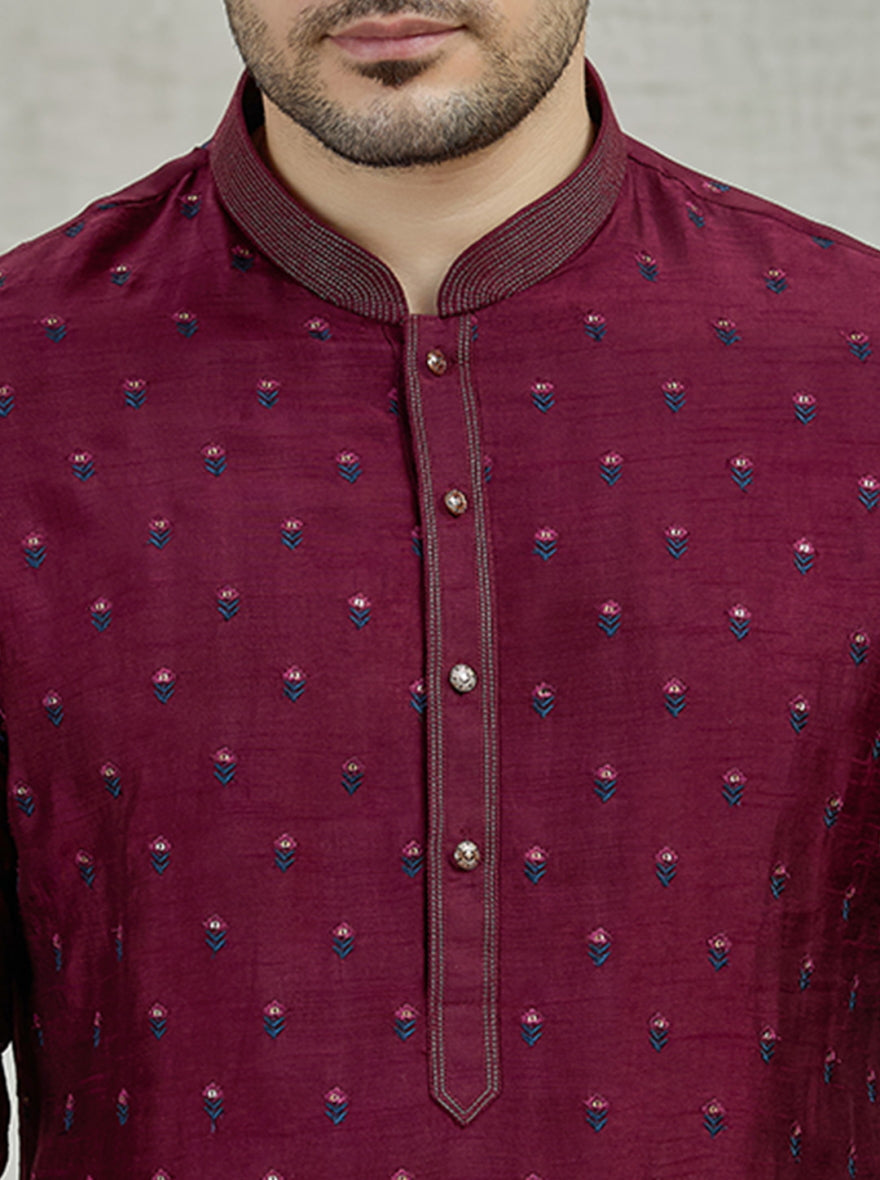Wine Embroidered Kurta Pajama | Virasana