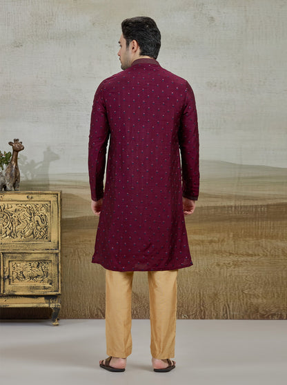 Wine Embroidered Kurta Pajama | Virasana