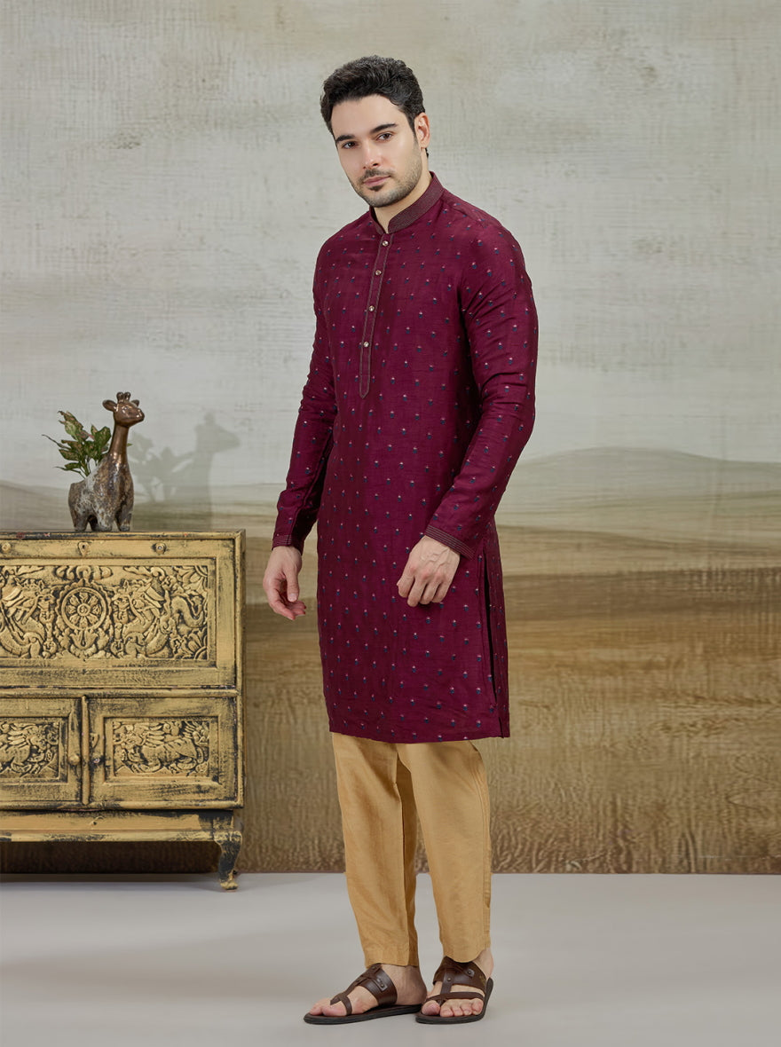 Wine Embroidered Kurta Pajama | Virasana