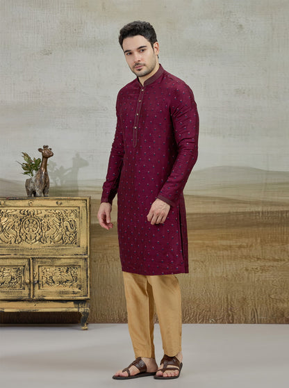 Wine Embroidered Kurta Pajama | Virasana