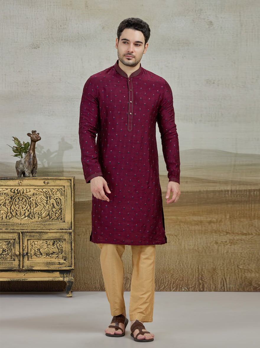 Wine Embroidered Kurta Pajama | Virasana