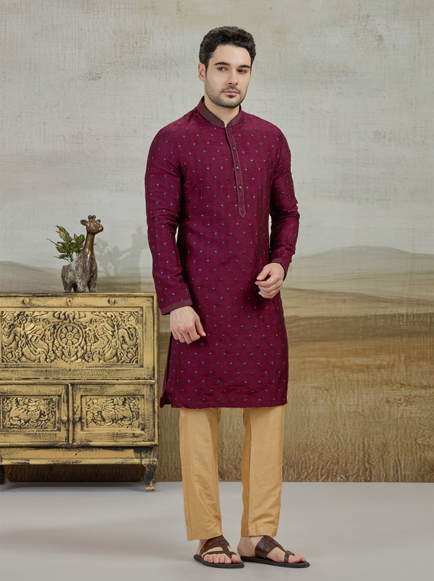 Wine Embroidered Kurta Pajama | Virasana