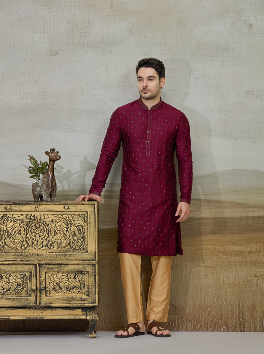 Wine Embroidered Kurta Pajama | Virasana