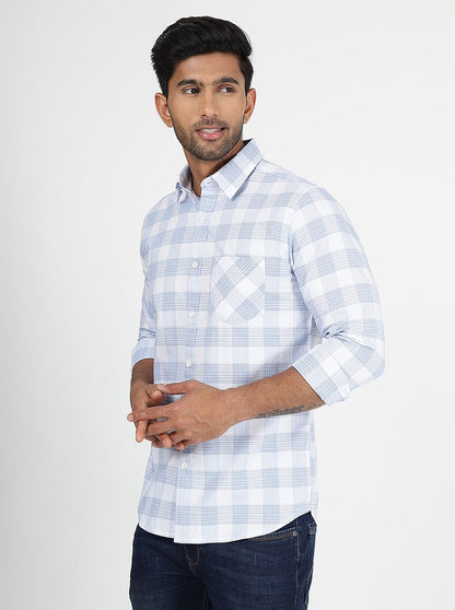 Light Blue Checked Slim Fit Casual Shirt | JadeBlue