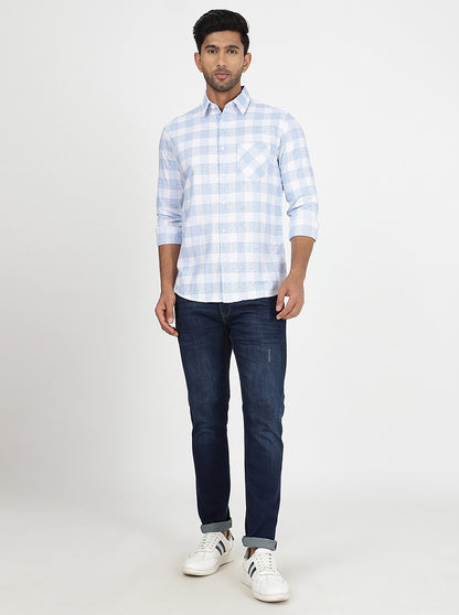Light Blue Checked Slim Fit Casual Shirt | JadeBlue
