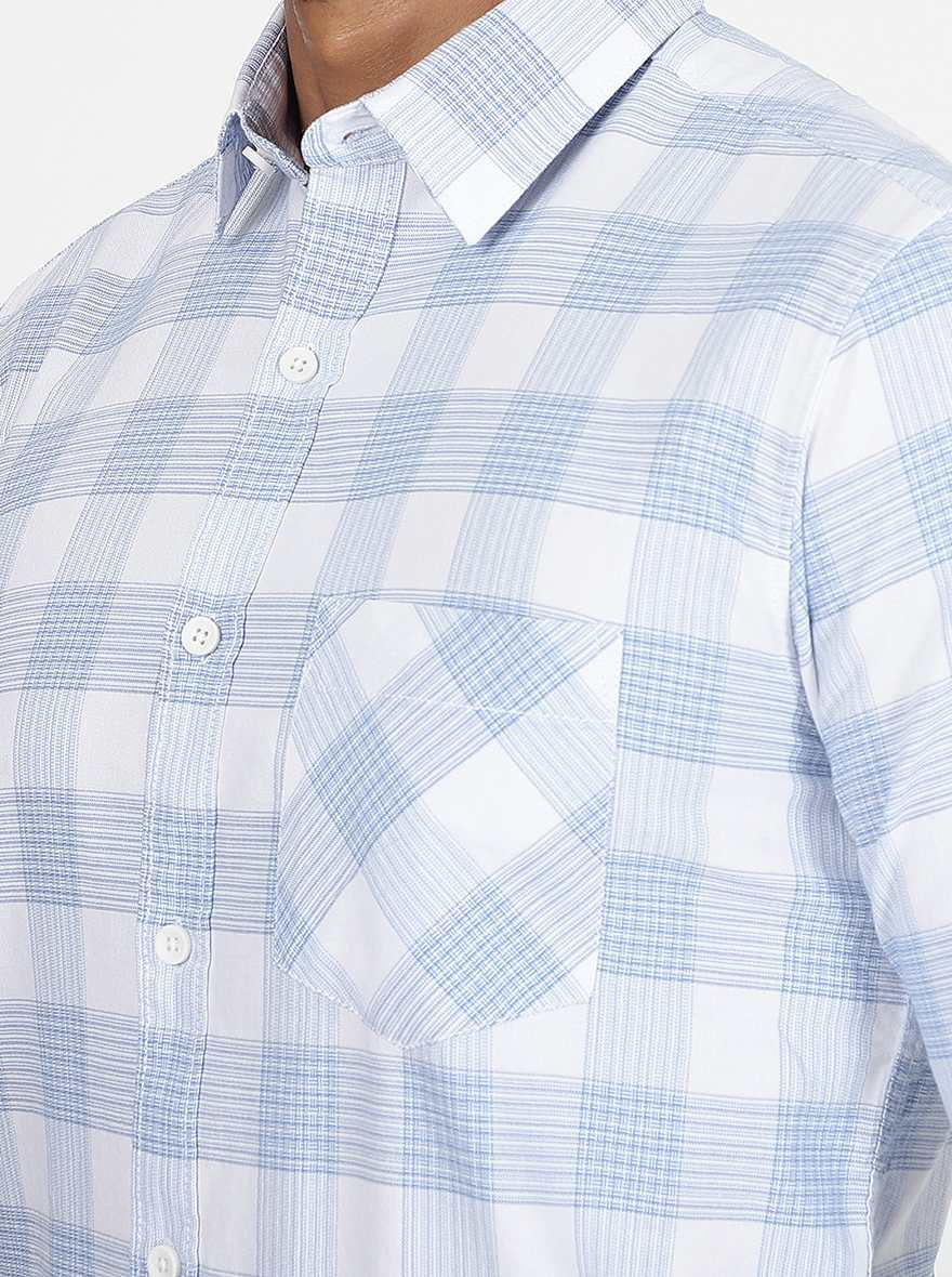 Light Blue Checked Slim Fit Casual Shirt | JadeBlue