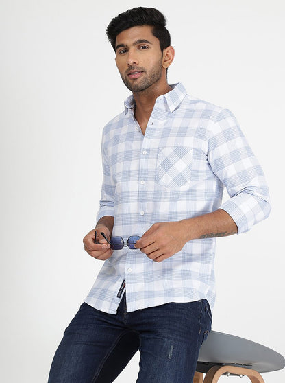 Light Blue Checked Slim Fit Casual Shirt | JadeBlue