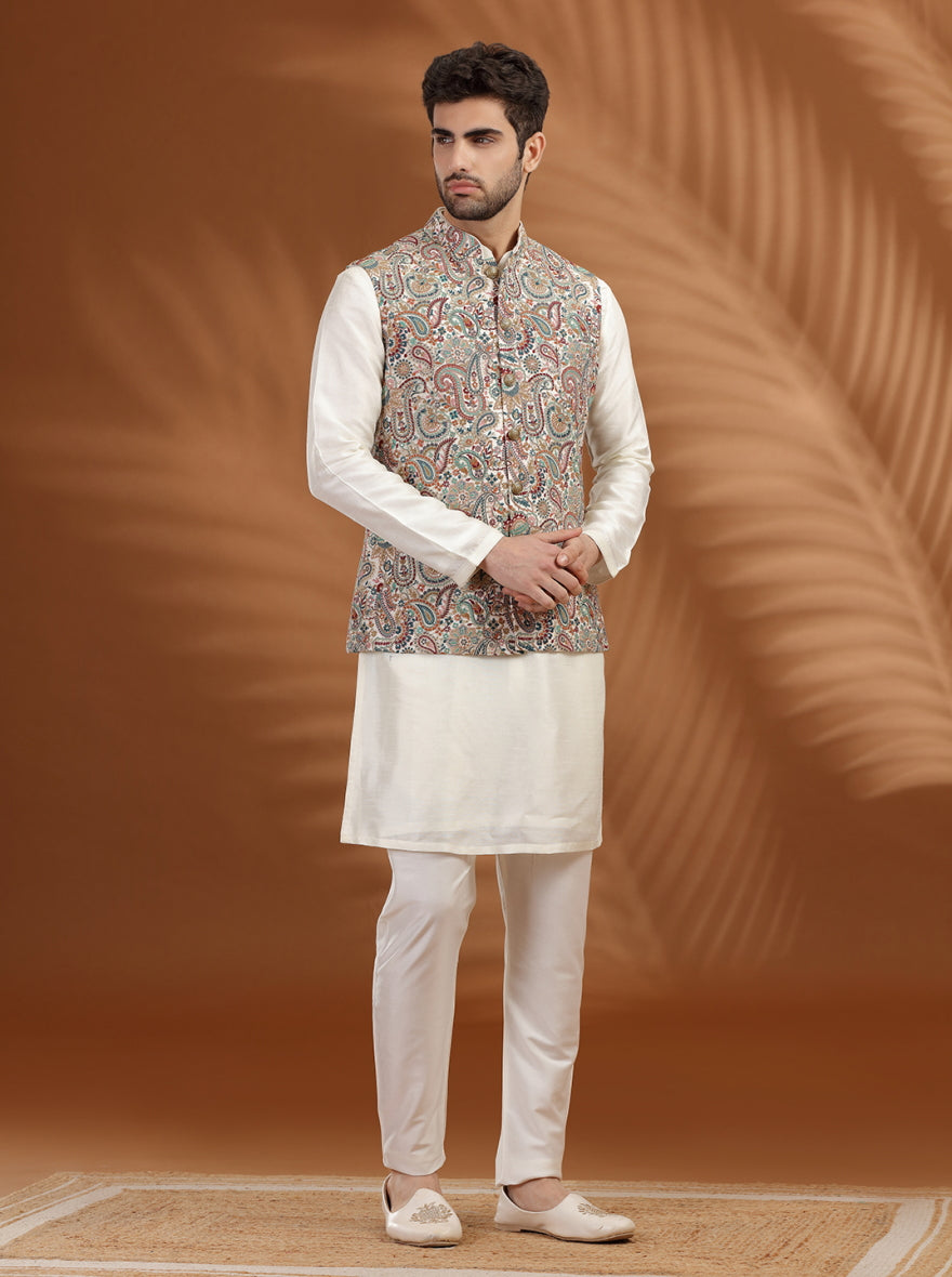 Off White Embroidred Bandhgala Jacket | TULA