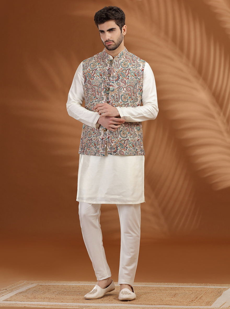 Off White Embroidred Bandhgala Jacket | TULA