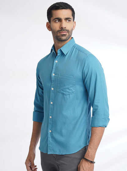 Blue Solid Slim Fit Casual Shirt | Greenfibre