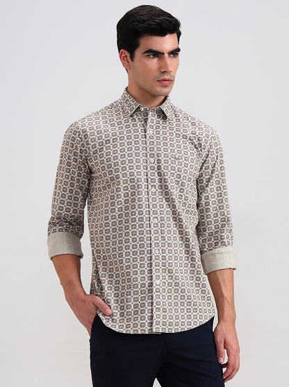Brown Printed Tailored Fit Semi Casual Shirt | JadeBlue