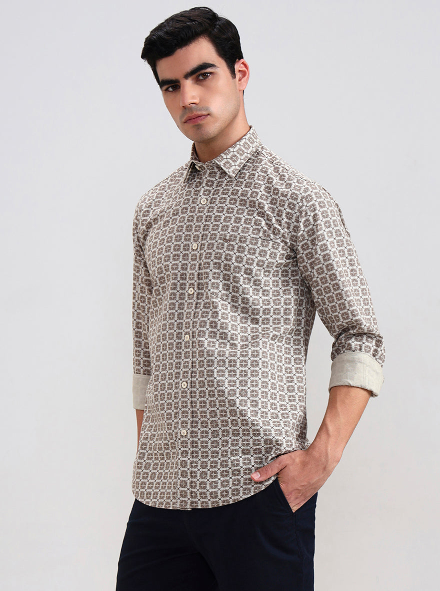 Brown Printed Tailored Fit Semi Casual Shirt | JadeBlue