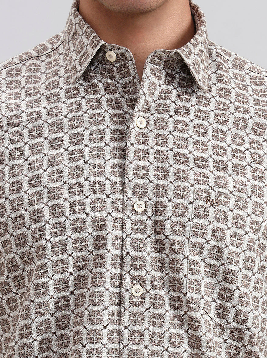 Brown Printed Tailored Fit Semi Casual Shirt | JadeBlue