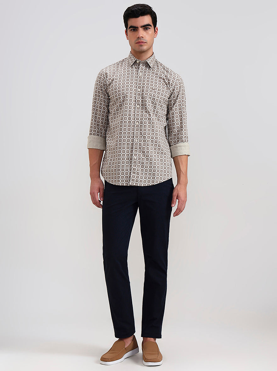 Brown Printed Tailored Fit Semi Casual Shirt | JadeBlue