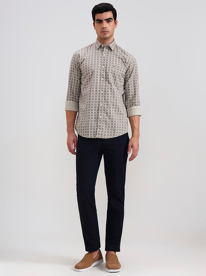 Brown Printed Tailored Fit Semi Casual Shirt | JadeBlue