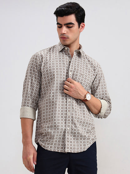 Brown Printed Tailored Fit Semi Casual Shirt | JadeBlue