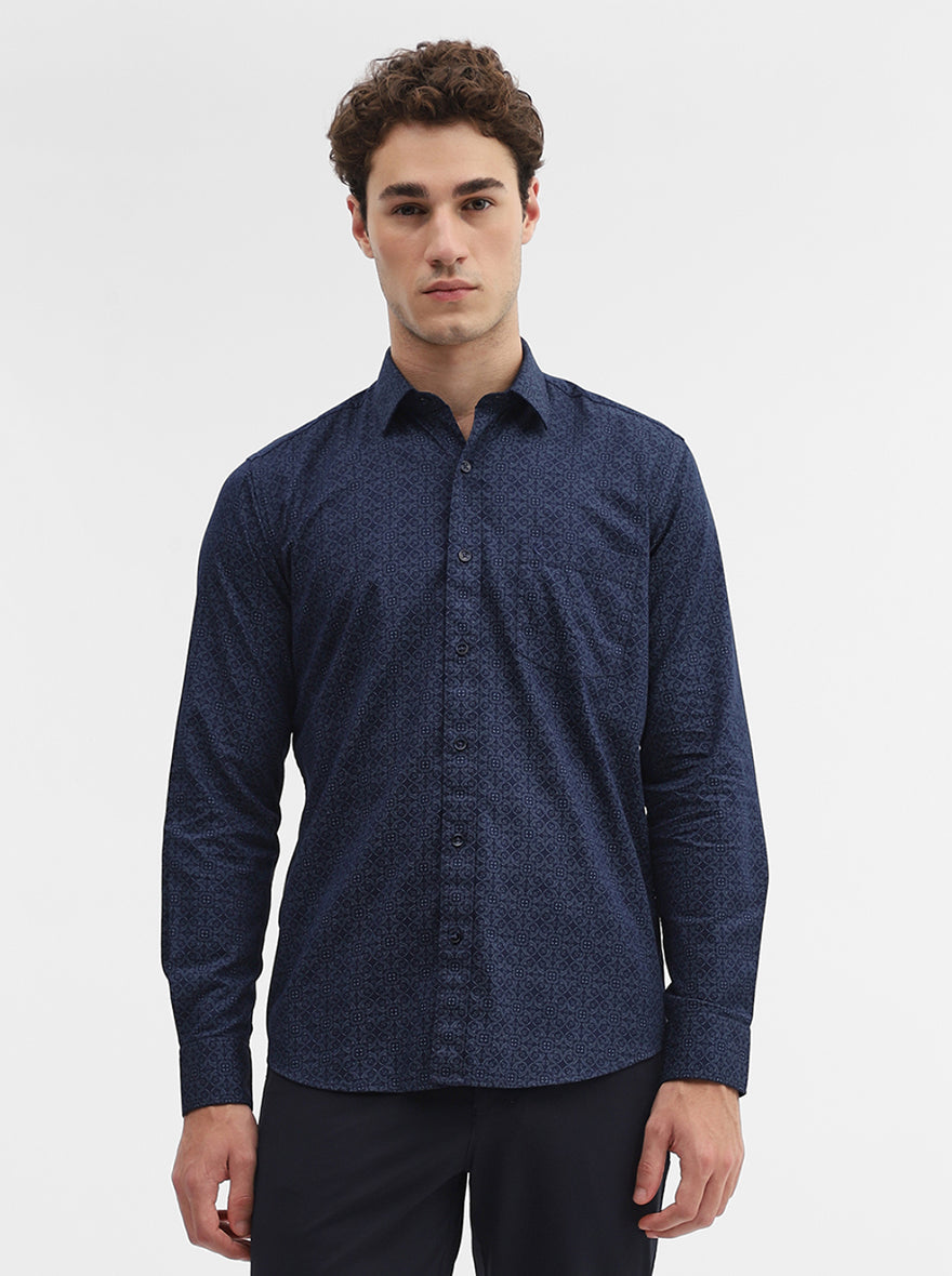 Navy Blue Printed Smart Fit Semi Casual Shirt | Greenfibre
