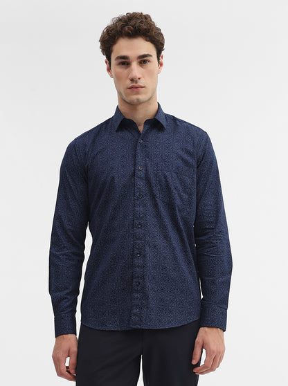 Navy Blue Printed Smart Fit Semi Casual Shirt | Greenfibre
