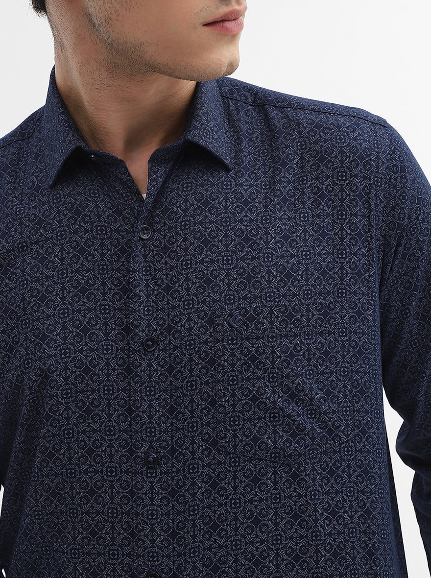 Navy Blue Printed Smart Fit Semi Casual Shirt | Greenfibre