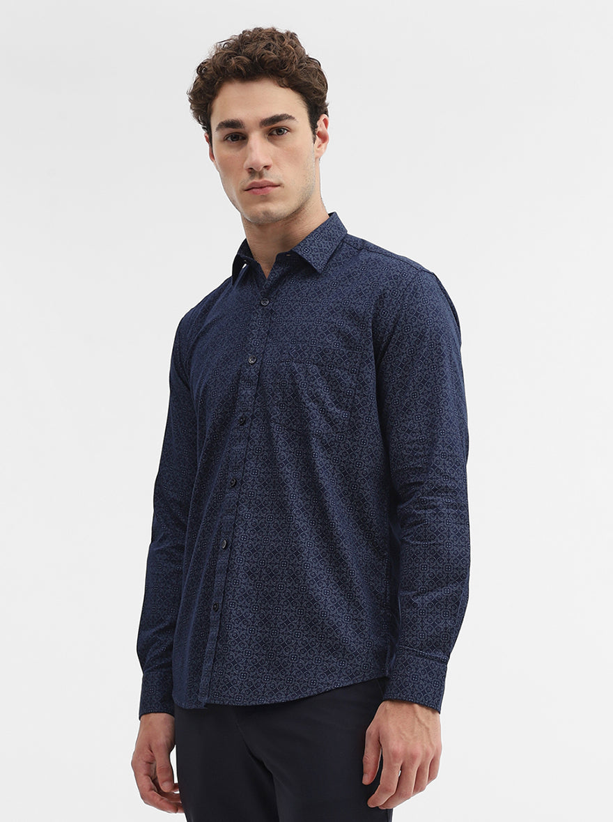 Navy Blue Printed Smart Fit Semi Casual Shirt | Greenfibre
