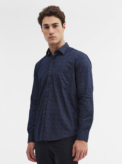 Navy Blue Printed Smart Fit Semi Casual Shirt | Greenfibre