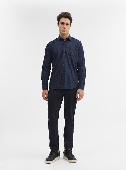 Navy Blue Printed Smart Fit Semi Casual Shirt | Greenfibre